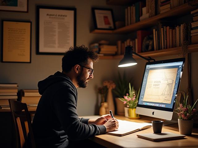 Un diseñador trabajando en su espacio creativo, con bocetos y un ordenador, rodeado de libros, simbolizando la unión de diseño y conocimiento.